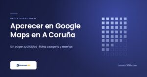 Bulevar360 | Tu Agencia De Desarrollo Web, Marketing Digital Y Comercio Electrónico | A Coruña Retícula de cuadros sobre fondo azul con el titular Aparecer en Google Maps en A Coruña