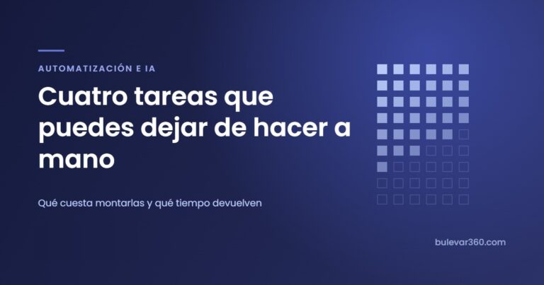 Automatizar tareas en una empresa pequeña: retícula de cuadros sobre fondo azul con el titular Cuatro tareas que puedes dejar de hacer a mano