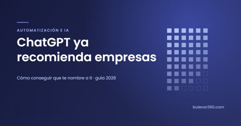 Aparecer en ChatGPT como empresa: retícula de cuadros casi completa sobre fondo azul con el titular ChatGPT ya recomienda empresas