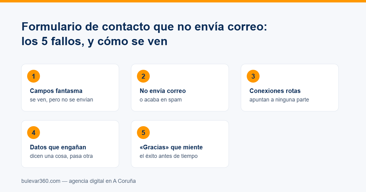 Formulario de contacto no envía correo: esquema con los 5 fallos y cómo se manifiestan