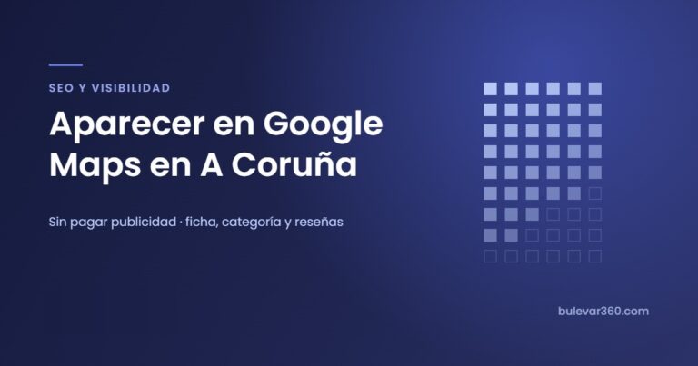 Retícula de cuadros sobre fondo azul con el titular Aparecer en Google Maps en A Coruña