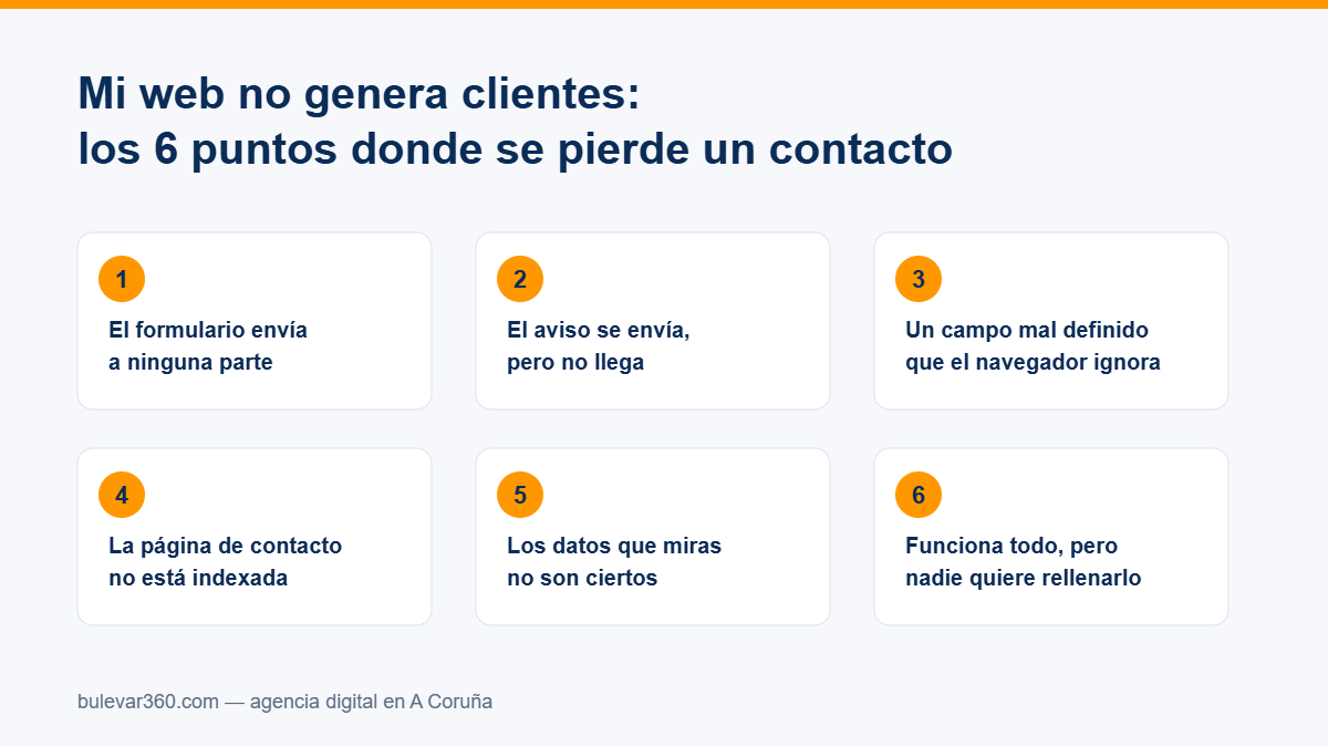 Mi web no genera clientes: esquema con los 6 puntos donde se pierde un contacto en una web